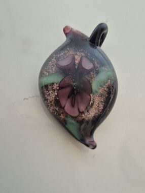 Murano Purple Floral Glass Pendant with Green Accents and Gold Flecks